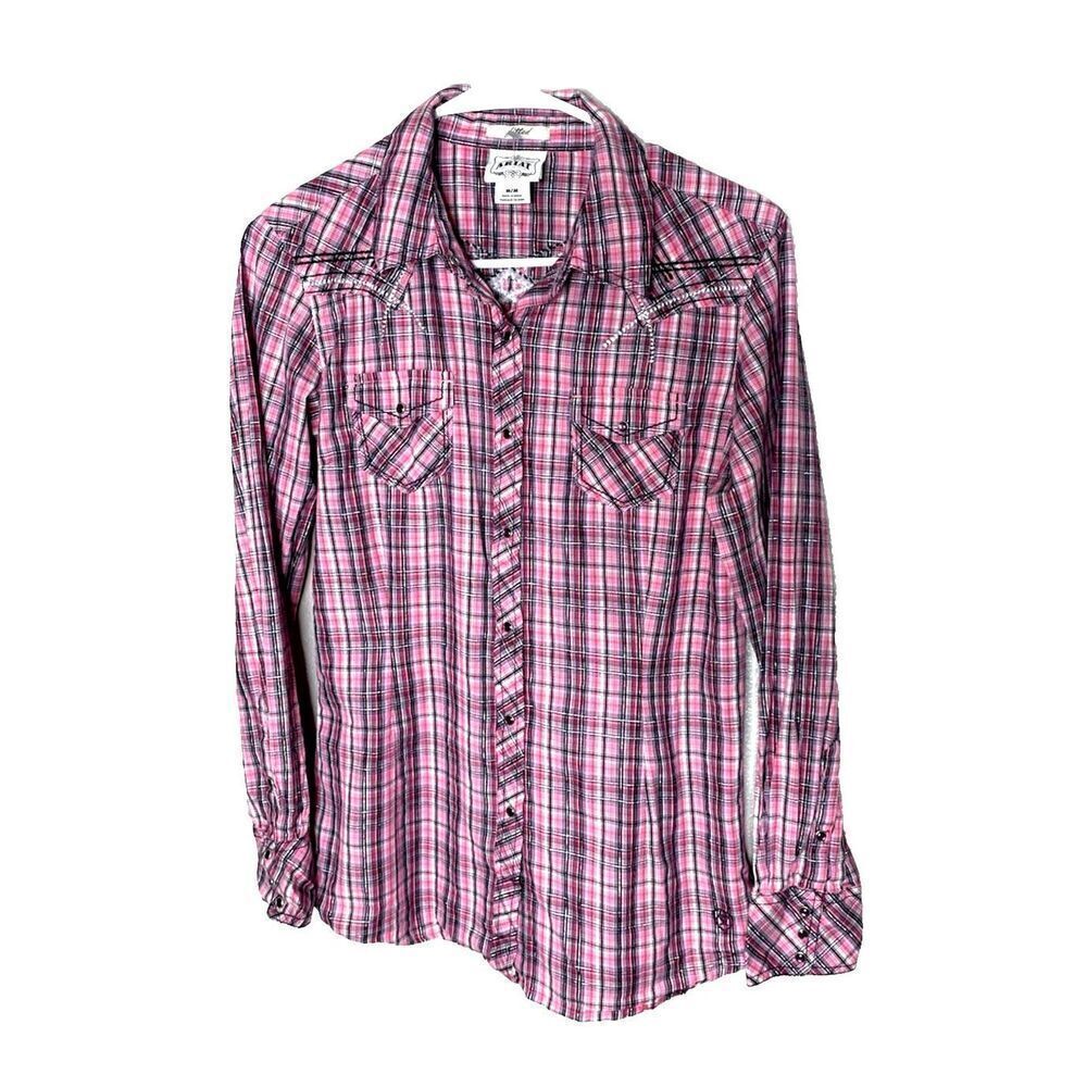 ARIAT Size M Pearl Snap Button Shirt Fitted Pink Plaid Embroidered Womens Silver - Picture 1 of 10